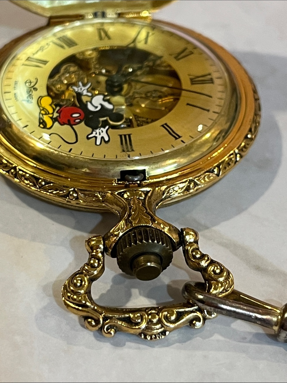MICKEY MOUSE POCKET WATCH DISNEY MAJESTI SWISS MOVEMENT SKELETON GOLD-TONE NIB - Picture 10 of 17